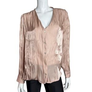 Elie Tahari Pink Long Sleeve V-Neck Pleated Blouse